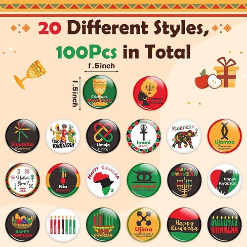 40 قطعة من دبابيس أزرار Dvbonike السعيدة Kwanzaa شارات دائرية للتراث الأفريقي الأمريكي للعطلات، احتفل بدبوس بروش التاريخ الأسود، مستلزمات نشاط وليمة المجتمع لتزيين ملحقات حقيبة الملابس in Kuwait