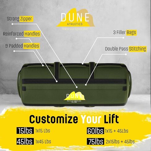 DUNE ATHLETICS Fitness Sandbag Workout Bag with 3 Filler Sandbags for Working Out w/Partner - Durable Workout Sandbags with Handles & Adjustable Weight up to 75 lbs - Workout Sand Bag for Exercise in Saudi Arabia