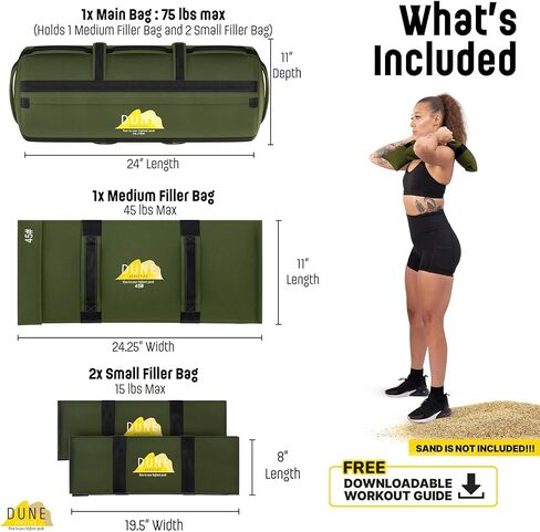 DUNE ATHLETICS Fitness Sandbag Workout Bag with 3 Filler Sandbags for Working Out w/Partner - Durable Workout Sandbags with Handles & Adjustable Weight up to 75 lbs - Workout Sand Bag for Exercise in Saudi Arabia