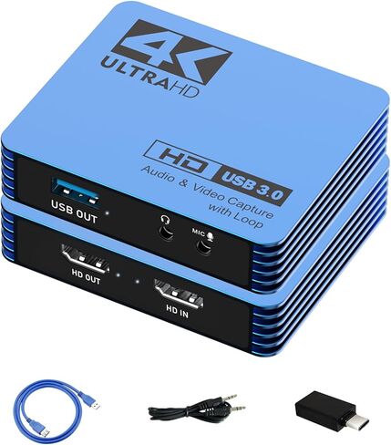 بطاقة التقاط الصوت والفيديو، بطاقة التقاط 4K HDMI إلى USB C مع حلقة ميكروفون، مسجل فيديو 1080P 60FPS للبث المباشر للألعاب، جهاز التقاط الفيديو للكمبيوتر الشخصي Mac OBS PS4/5 Nintendo Switch Xbox1 in Kuwait