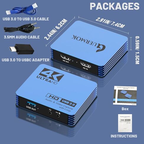 بطاقة التقاط الصوت والفيديو، بطاقة التقاط 4K HDMI إلى USB C مع حلقة ميكروفون، مسجل فيديو 1080P 60FPS للبث المباشر للألعاب، جهاز التقاط الفيديو للكمبيوتر الشخصي Mac OBS PS4/5 Nintendo Switch Xbox1 in Kuwait