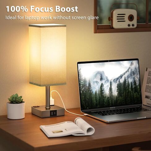 مجموعة من مصباحين يعملان باللمس مع مصباح منضدة بمنفذ USB مع منافذ شحن USB-C+A ومنافذ تيار متردد، مصباح بجانب السرير قابل للتعتيم ثلاثي الاتجاهات مع ظل، مصباح طاولة صغير لغرفة النوم وغرفة المعيشة (المصباح متضمن) in Kuwait