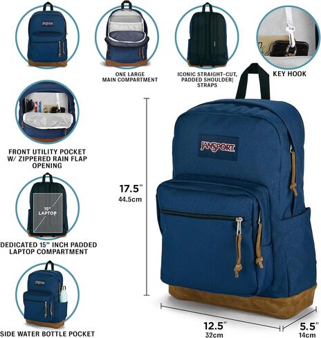 حقيبة ظهر JanSport Right Pack - حقيبة كتب للسفر أو العمل أو الكمبيوتر المحمول مع قاعدة جلدية، أسود in Kuwait