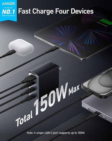 150W USB C Charger, Anker 747 Charger ( GaNPrime), 4-Port Fast Compact Foldable Gan Charger for MacBook Pro/Air, iPhone 14/Pro, iPad Pro, Dell XPS 13, Galaxy S22/S21, Note 20/10+, Pixel and More in Kuwait