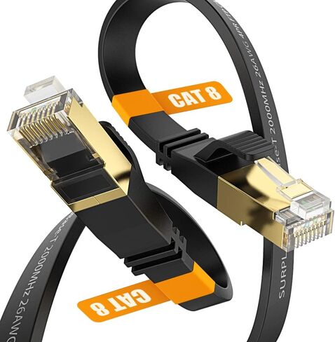 كابل إيثرنت Cat8 10FT-White-40Gbps موصل صلب وسلك محمي وأرضي لشبكة الإنترنت سلك مسطح، خط RJ45 Cat 8 LAN مطلي بالذهب مع ربطة عنق لـ PS5، Xbox، Hub، Router، PC، NAS، CAT7 in Kuwait