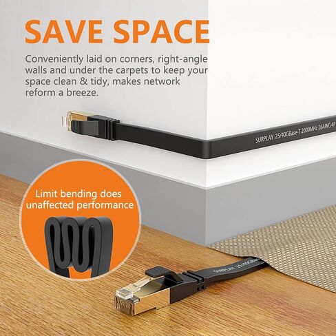 كابل إيثرنت Cat8 10FT-White-40Gbps موصل صلب وسلك محمي وأرضي لشبكة الإنترنت سلك مسطح، خط RJ45 Cat 8 LAN مطلي بالذهب مع ربطة عنق لـ PS5، Xbox، Hub، Router، PC، NAS، CAT7 in Kuwait