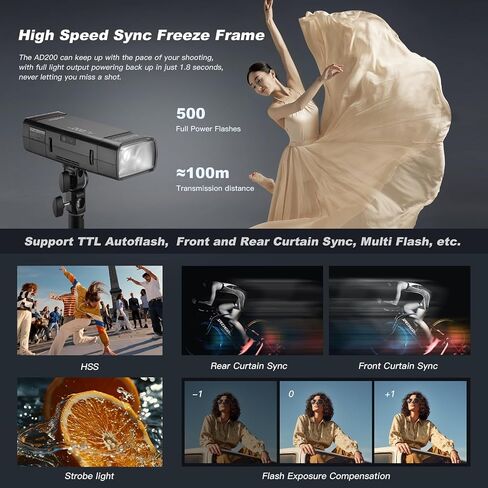 غودوكس AD200Pro AD200 Pro 200Ws 2.4G TTL 1/8000 HSS فلاش فلاش سبيدلايت أحادي الضوء مع شبكة BD-07 باب الحظيرة هوني كومب 4 الوان وعاكس قياسي AD-S2 (نسخة مطورة AD200) in Saudi Arabia