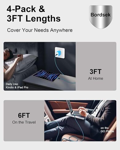 كابل شاحن USB C 6FT/4Pack 3A USB Type C كابل شحن سريع لهاتف iPhone 15 Samsung Galaxy A14 5G A24 A54 A23 A13 S23 S22 S21 S20، Google Pixel 7 Pro 7a 6 6a سلك USBC Android طويل للسيارة in Kuwait