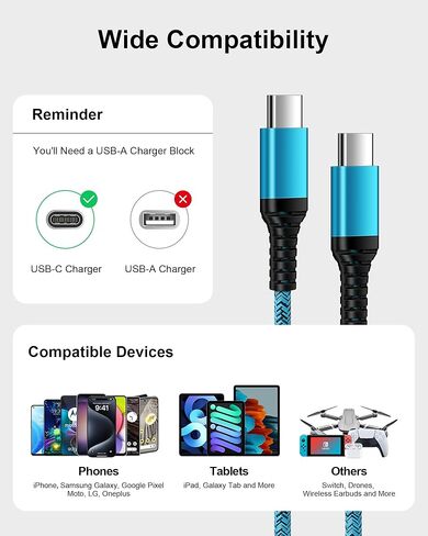 كابل شاحن USB C 6FT/4Pack 3A USB Type C كابل شحن سريع لهاتف iPhone 15 Samsung Galaxy A14 5G A24 A54 A23 A13 S23 S22 S21 S20، Google Pixel 7 Pro 7a 6 6a سلك USBC Android طويل للسيارة in Kuwait