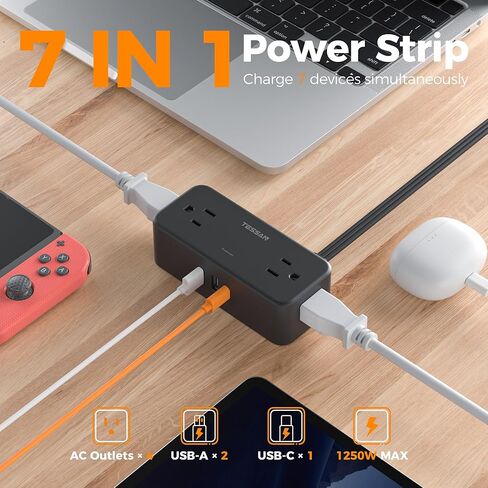 Surge Protector Power Strip, TESSAN Flat Plug Extension Cord 5FT with 4 Widely Spaced Outlets and 3 USB Charger Ports, 900 Joules Charging Station for Home, Office, Dorm Room, 2 Pack in Saudi Arabia