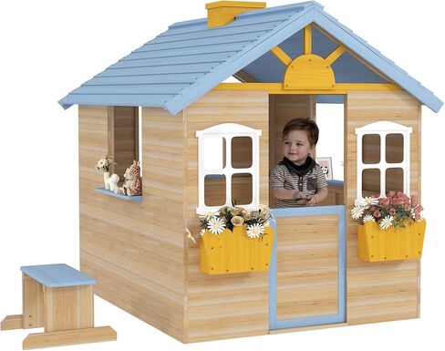 Outsunny Wooden Playhouse for Kids Outdoor Garden Pretend Play Games, Adventures Cottage, with Working Door, Windows, Bench, Service Station, Flowers Pot Holder, for 3-7 Years Old in Kuwait