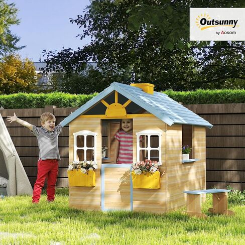 Outsunny Wooden Playhouse for Kids Outdoor Garden Pretend Play Games, Adventures Cottage, with Working Door, Windows, Bench, Service Station, Flowers Pot Holder, for 3-7 Years Old in Kuwait