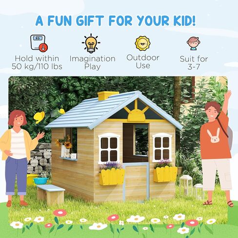 Outsunny Wooden Playhouse for Kids Outdoor Garden Pretend Play Games, Adventures Cottage, with Working Door, Windows, Bench, Service Station, Flowers Pot Holder, for 3-7 Years Old in Kuwait