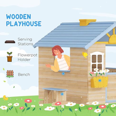 Outsunny Wooden Playhouse for Kids Outdoor Garden Pretend Play Games, Adventures Cottage, with Working Door, Windows, Bench, Service Station, Flowers Pot Holder, for 3-7 Years Old in Kuwait