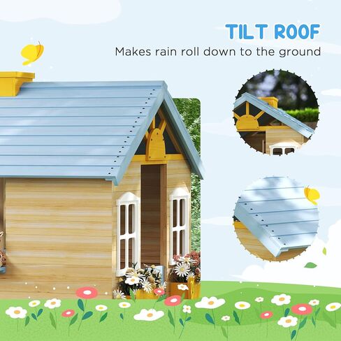 Outsunny Wooden Playhouse for Kids Outdoor Garden Pretend Play Games, Adventures Cottage, with Working Door, Windows, Bench, Service Station, Flowers Pot Holder, for 3-7 Years Old in Kuwait