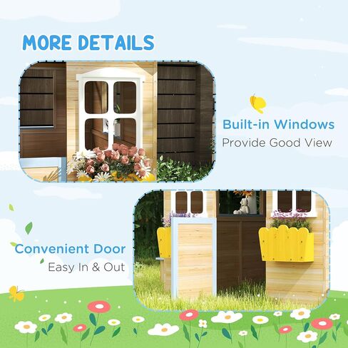 Outsunny Wooden Playhouse for Kids Outdoor Garden Pretend Play Games, Adventures Cottage, with Working Door, Windows, Bench, Service Station, Flowers Pot Holder, for 3-7 Years Old in Kuwait