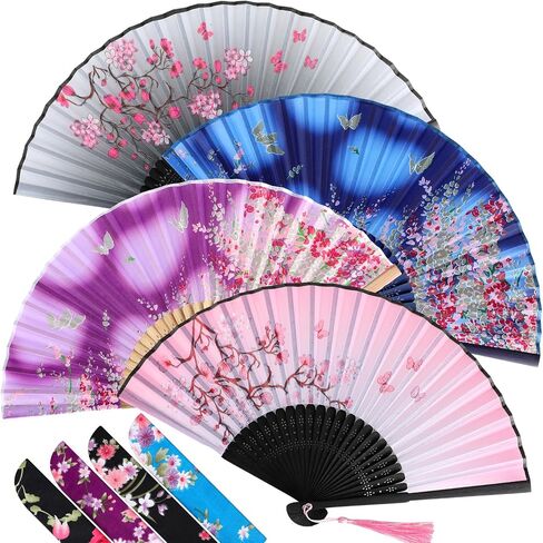 Zonon Handheld Floral Folding Fans Hand Held Fans Silk Bamboo Fans with Tassel Women's Hollowed Bamboo Hand Holding Fans for Women and Men (Pink, Purple, 2 Sky Blue) in Kuwait