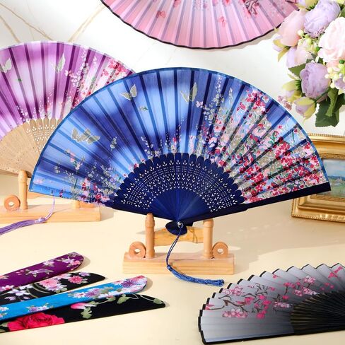 Zonon Handheld Floral Folding Fans Hand Held Fans Silk Bamboo Fans with Tassel Women's Hollowed Bamboo Hand Holding Fans for Women and Men (Pink, Purple, 2 Sky Blue) in Kuwait