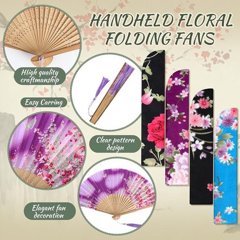 Zonon Handheld Floral Folding Fans Hand Held Fans Silk Bamboo Fans with Tassel Women's Hollowed Bamboo Hand Holding Fans for Women and Men (Pink, Purple, 2 Sky Blue) in Kuwait