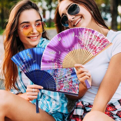 Zonon Handheld Floral Folding Fans Hand Held Fans Silk Bamboo Fans with Tassel Women's Hollowed Bamboo Hand Holding Fans for Women and Men (Pink, Purple, 2 Sky Blue) in Kuwait