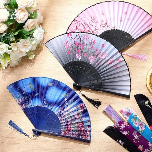 Zonon Handheld Floral Folding Fans Hand Held Fans Silk Bamboo Fans with Tassel Women's Hollowed Bamboo Hand Holding Fans for Women and Men (Pink, Purple, 2 Sky Blue) in Kuwait