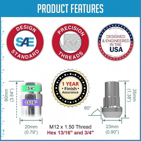 Wheel Accessories Parts M12 1.50 12x1.5 Thread Open End 0.83" Long Locking Wheel Lug Nuts Lock Chrome Dual Hex Key 13/16" and 3/4" Fits Many Chevy Honda Toyota Passenger Vehicles in Kuwait
