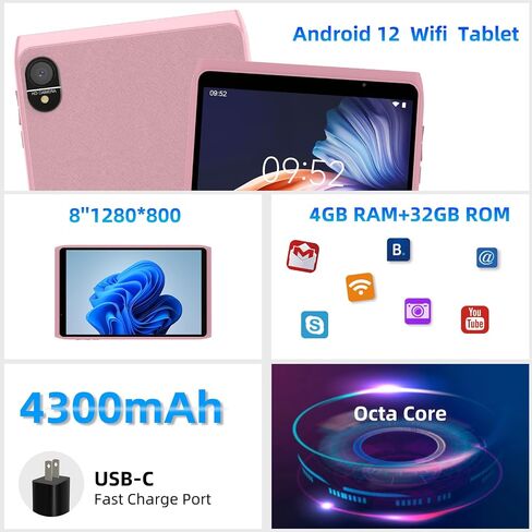 Android Tablet 8 inch, Android 12.0 Tablet 32GB Storage 1024GB SD Expansion Tablets PC, Quad-core Processor 2GB RAM 1280x800 IPS HD Touchscreen Dual Camera Tablets, Support WiFi6, BT 4300 mAh Battery in Kuwait