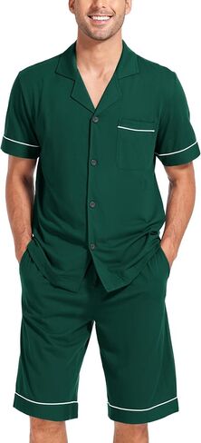 COLORFULLEAF Men's 100% Cotton Short Sleeve Pajama Sets Button Down Notched Collar Sleepwear Soft Lounge Pjs with Pockets in Kuwait