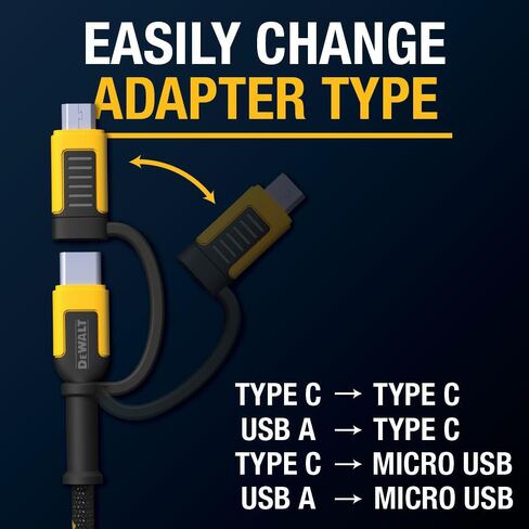 DEWALT 4-in-1 Charging Cable - Reinforced Braided USB C to Multi Charging Cable - USB C Multi Cable - USB C and Micro USB Cable 2-in-1 - Dual USB C Cable for All Android Devices - 6 ft in Kuwait