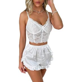 WDIRARA Women's Sleepwear V Neck Lace Mesh Cami Top and Ruffle Hem Shorts Pajama Sets