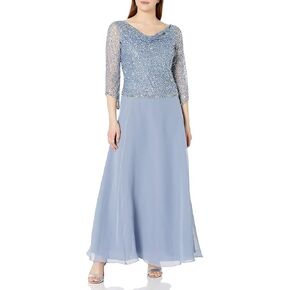 J Kara Women's Petite Cowl Neck 3/4 Sleeves Beaded Dress