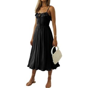 R.Vivimos Womens Summer Cotton Spaghetti Straps V-Neck Ruffle Casual Boho Midi Flowy Dress