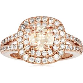 Amazon Collection Rose Gold Plated Sterling Silver Cushion Cut Champaign Cubic Zirconia 6mm Double Halo Ring