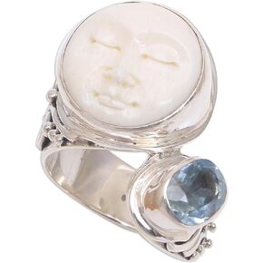 NOVICA Artisan Handmade .925 Sterling Silver Blue Topaz Cocktail Ring Bone Face from Bali Indonesia Birthstone Gemstone 'Sparkling Face'