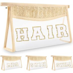 2 Pcs Boho Straw Clear Makeup Letter Bag BEACH Pouch, Sunscreen Bags for Beach Travel Small Cute Chenille Letter SPF Bag Pouch,Waterproof Beach Toiletry Sun Bag Best Beach Accessories for Women(BEACH)