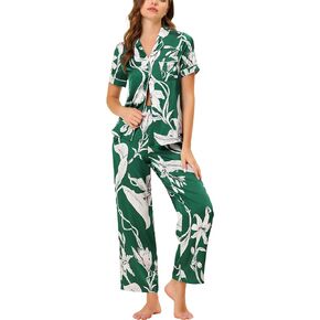 Womens Satin Floral Sleepwear Short Sleeves Button Down Tops with Pants Lounge Pajamas Sets