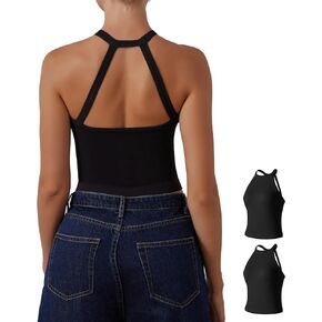Sleeveless Tops for Women 2 pc, Yoga Tank Top with Built-in Bra Double Layer Round Neck Halter Top