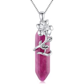 Graduation Gifts Birth Flower Necklace 925 Sterling Silver Birth Month Floral Pendant Necklace with Healing Crystal Flower Jewelry Gifts for Mother Girlfriend