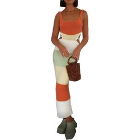 NUFIWI Women Hollow Out Backless Maxi Dress Knitted Spaghetti Strap Bandage Long Dresses Low Cut Bodycon Party Dress in Saudi Arabia