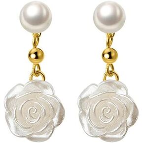 Delicate Pearl Flower Dangle Stud Earrings for Women Girls 925 Sterling Silver 14K Gold Plated Artificial Shell Pearls Ball Camellia Rose Charms Drop Dangling Lightweight Hypoallergenic Birthday Holiday Jewelry Gifts