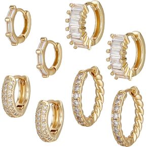 Beebeecraft 1 Box 4 Pair Hoop Earrings Set 18K Gold Plated Brass Cubic Zirconia Small Huggie Hoop Earrings Set for Girls