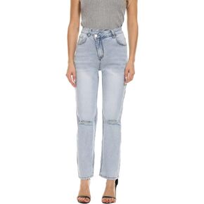 Women Straight Ripped Jeans Waist Crossover Classic Relaxed Fit Mid Rise Distressed Comfortable Denim Pants