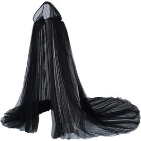 MyheroCos Haunted Hooded Cape Halloween Ghost Costume Vampire Cloak Black Tulle Illusion Cape Bride Cloak