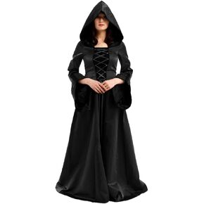 BLESSUME Women Renaissance Lace-up Vintage Hooded Dress Medieval Witch Dress Cosplay Costume