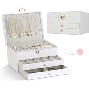 Jewerly Organizer Box, Jewerly Boxes for Women & Girls, 3-Layer with 2 Drawer & Key Lock, Large Jewerly Stroage for Earring, Ring, Necklace, Bracelets, Bangle