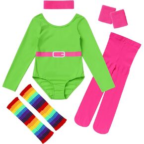 ODASDO 80s Workout Outfit For Girls Halloween Costume Retro 1980s Party Cosplay Fitness Leotard Leg Warmers Headband Set 5PCS