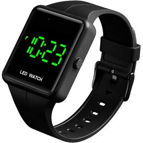 MASTOP Simple Men Women Sports LED Digital Big Display Waterproof Date PU Strap Square Electronic Couple Watch (Black)