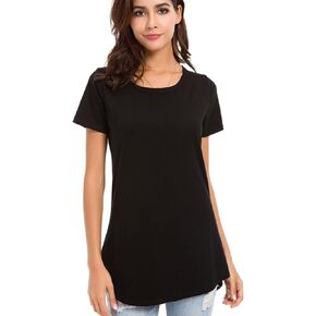 Womens Long Short Sleeve Cotton T Shirt Summer Crew Neck Solid Color Blouses