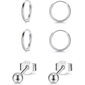 Sterling Silver Stud Earrings Small Cartilage Hoop Earrings for Women Men- 3 Pairs of Hypoallergenic Tiny 3mm Cubic Zirconia Round Ball Earrings & 10mm/12mm Cartilage Earring Hoops