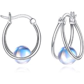 Gemstone Double Hoop Earrings for Women Sterling Silver Pearl Moonstone Turquoise Black Onyx Jade Opal Lapis Lazuli Earrings for Women
